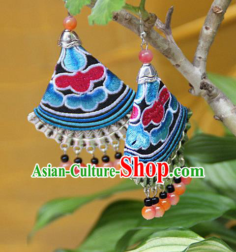Traditional Chinese Miao Nationality Crafts Jewelry Accessory, Hmong Handmade Embroidery Beads Earrings, Miao Ethnic Minority Eardrop Accessories Ear Pendant for Women
