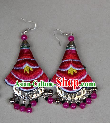 Traditional Chinese Miao Nationality Crafts Jewelry Accessory, Hmong Handmade Embroidery Beads Red Earrings, Miao Ethnic Minority Eardrop Accessories Ear Pendant for Women