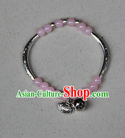Traditional Chinese Miao Nationality Crafts Jewelry Accessory Bangle, Hmong Handmade Miao Silver Pink Beads Bracelet, Miao Ethnic Minority Bells Longevity Lock Bracelet Accessories for Women