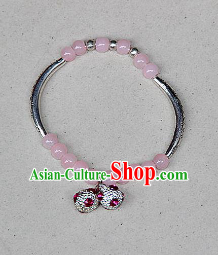 Traditional Chinese Miao Nationality Crafts Jewelry Accessory Bangle, Hmong Handmade Miao Silver Pink Beads Bracelet, Miao Ethnic Minority Bells Bracelet Accessories for Women