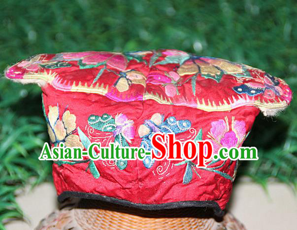 Traditional Chinese Miao Nationality Crafts Hmong Handmade Children Embroidery Butterfly Red Tiger Headwear, Miao Ethnic Minority Exorcise Evil Tiger Hat for Kids