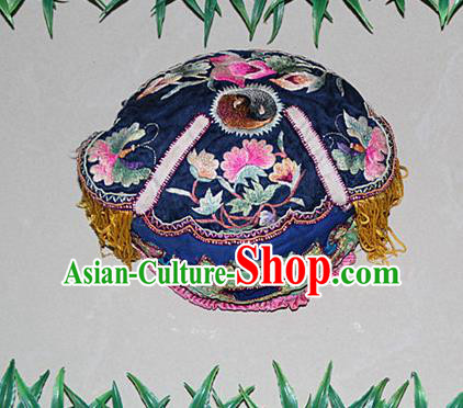 Traditional Chinese Miao Nationality Crafts Hmong Handmade Children Embroidery Flowers Blue Tiger Headwear, Miao Ethnic Minority Exorcise Evil Tiger Hat for Kids