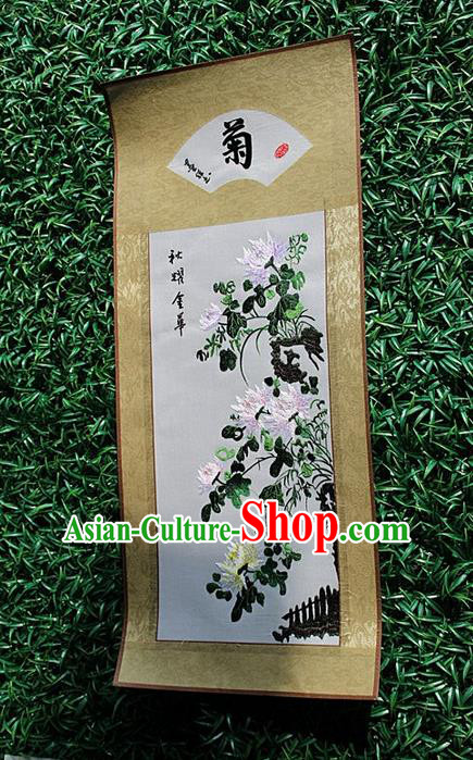 Traditional Chinese Miao Nationality Minority Crafts Hmong Xiangxi Embroidery Decorative Paintings, Embroidery Chrysanthemum Scroll Painting for Friends