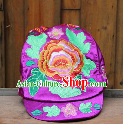 Traditional Chinese Miao Ethnic Minority Satin Cloth Embroidery Phoenix Cap, Hmong Handmade Peak Cap for Women