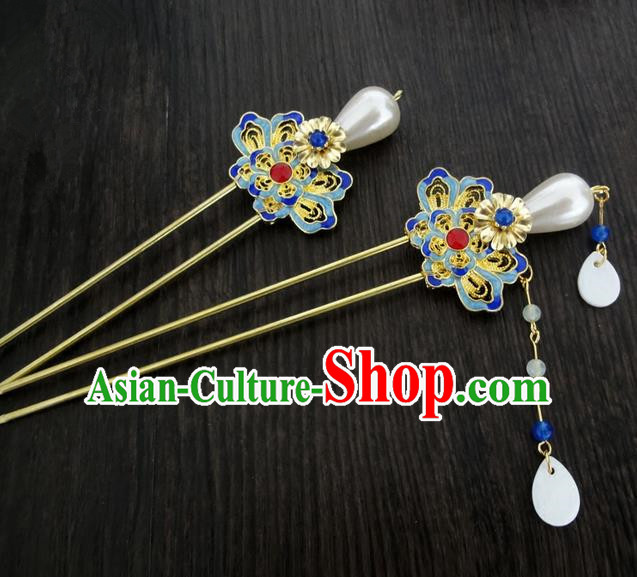 Traditional Handmade Chinese Ancient Classical Hair Accessories Barrettes Lotus Hairpin, Blueing Hair Sticks Pearl Hair Jewellery, Hair Fascinators Hairpins for Women