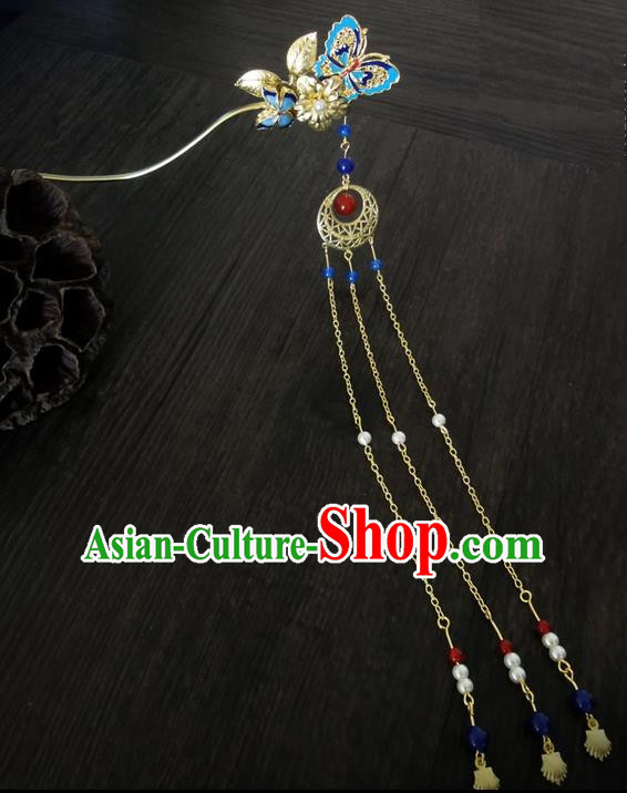 Traditional Handmade Chinese Ancient Classical Hair Accessories Barrettes Butterfly Hairpin, Imperial Emperess Tassel Headdress Blueing Hair Jewellery, Hair Fascinators Hairpins for Women