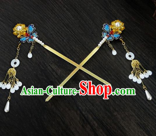Traditional Handmade Chinese Ancient Classical Hair Accessories Barrettes Butterfly Hairpin, Blueing Hair Sticks Hair Jewellery, Hair Fascinators Hairpins for Women