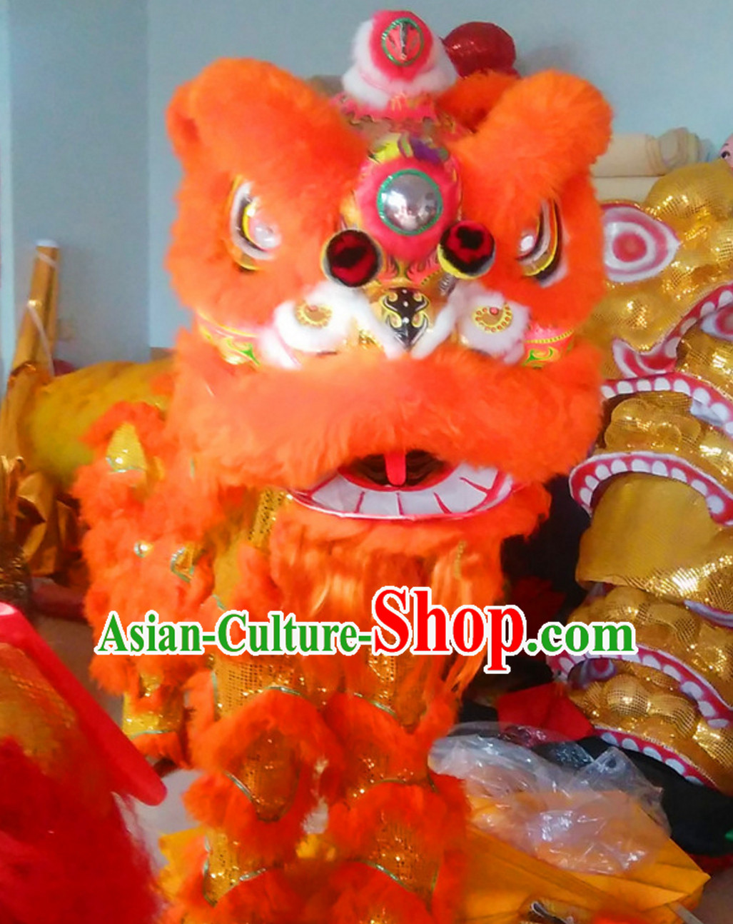 Simple Orange NEW 100_ Natural Wool Chinese Lion Dance Costumes Complete Set