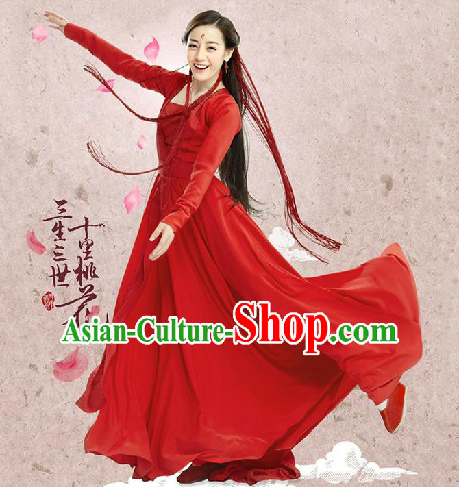 Traditional Ancient Chinese Imperial Princess Wedding Costume, Chinese Han Dynasty Princess Red Dress, Cosplay Teleplay Ten great III of peach blossom Role Feng jiu Chinese Peri Embroidered Hanfu Clothing for Women