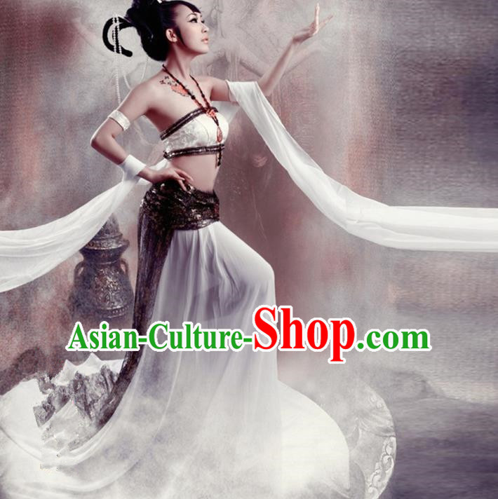 Traditional Ancient Chinese Dunhuang Flying Fairy Costume, Chinese Han Dynasty Dance Ribbon Dress, Cosplay Chinese Peri Imperial Empress Tailing Black Embroidered Clothing for Women