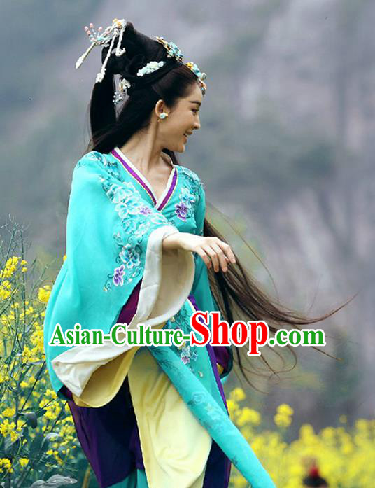 Traditional Ancient Chinese Imperial Emperess Costume, Chinese Han Dynasty Young Lady Dress, Cosplay Chinese Princess Embroidered Clothing Blue Hanfu Costume for Women