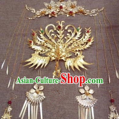 Traditional Handmade Chinese Ancient Classical Imperial Emperess Hair Accessories Phoenix Coronet, Bride Wedding Hairpin, Hanfu Hairpin Complete Set for Women