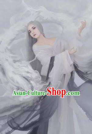 Traditional Ancient Chinese Dunhuang Flying Fairy Costume, Chinese Han Dynasty Long Ribbon Dance Dress, Cosplay Chinese Peri Imperial Empress Tailing Black Embroidered Clothing for Women