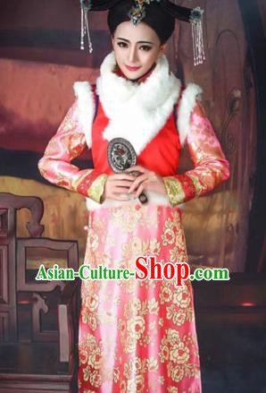 Traditional Ancient Chinese Imperial Concubine Costume, Chinese Qing Dynasty Manchu Lady Dress, Cosplay Chinese Manchu Minority Princess Embroidered Clothing for Women