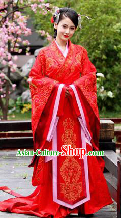 Traditional Ancient Chinese Imperial Emperess Costume, Chinese Han Dynasty Wedding Dress, Cosplay Chinese Peri Concubine Embroidered Red Hanfu Clothing for Women