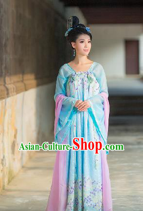 Traditional Ancient Chinese Imperial Emperess Costume, Chinese Tang Dynasty Palace Lady Dress, Cosplay Chinese Princess Blue Printing Clothing for Women