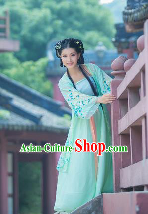 Traditional Ancient Chinese Imperial Emperess Costume, Chinese Tang Dynasty Palace Lady Dress, Cosplay Chinese Princess Printing Flowers Green Ru Skirt Clothing for Women