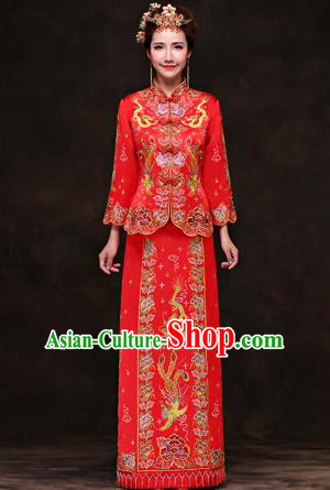 Traditional Ancient Chinese Costume Xiuhe Suits, Chinese Style Wedding Red Dress, Ancient Embroidered Dragon and Phoenix Flown Bride Toast Cheongsam for Women