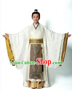 Traditional Ancient Chinese Imperial Emperor Costume, Chinese Han Dynasty Emperor Dress, Cosplay Chinese Majesty Embroidered Clothing White Hanfu Complete Set for Men