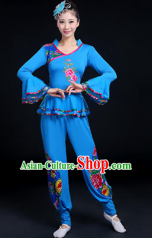 Traditional Chinese Yangge Fan Dancing Costume, Folk Dance Yangko Mandarin Sleeve Peony Painting Blouse and Pants Uniforms, Classic Dance Elegant Dress Drum Dance Red Clothing for Women
