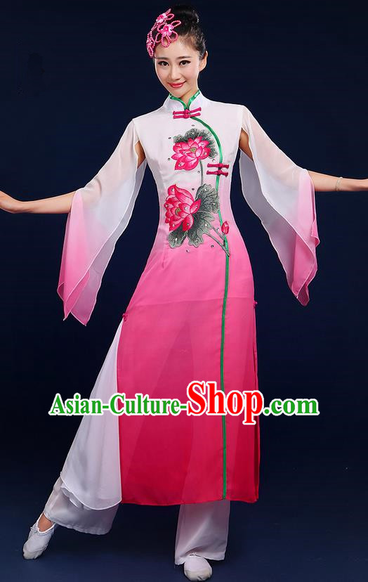 Traditional Chinese Yangge Fan Dancing Costume, Folk Dance Yangko Uniforms, Classic Umbrella Lotus Dance Elegant Dress Drum Dance Pink Clothing for Women