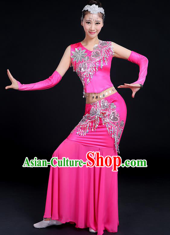 Traditional Chinese Dai Nationality Peacock Dancing Costume, Folk Dance Ethnic Paillette Tassel Fishtail Dress Princess Uniform, Chinese Minority Nationality Dancing Pink Clothing for Women