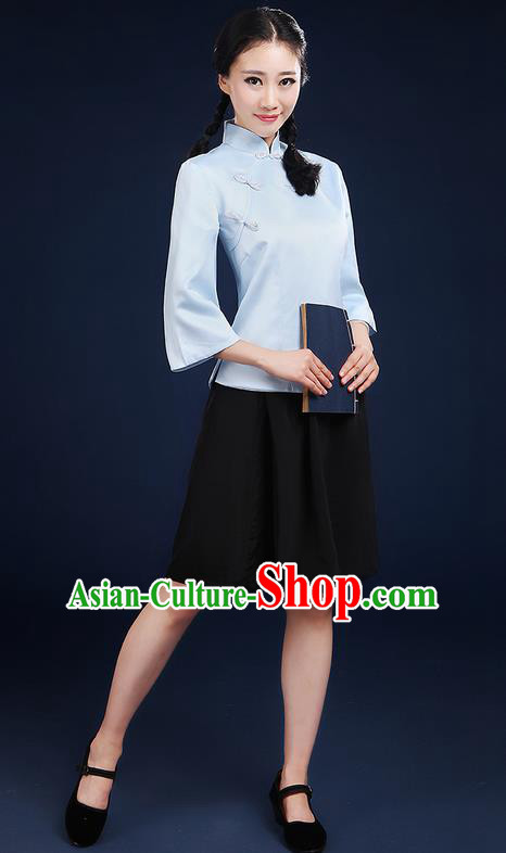 Traditional Chinese Style Modern Dancing Compere Costume, Women Opening Chorus Singing Group Classic Dance May 4th Movement Students Uniforms, Modern Dance Classic Dance Blue Blouse and Skirt for Women