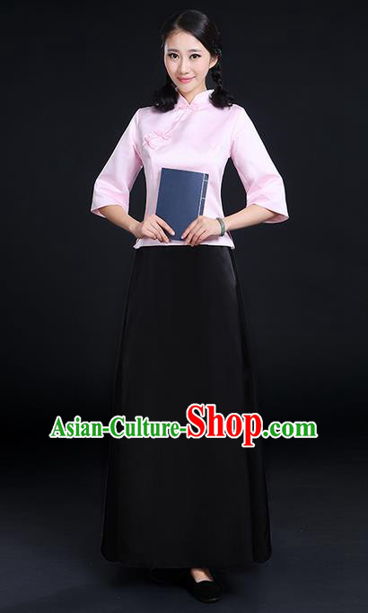Traditional Chinese Style Modern Dancing Compere Costume, Women Opening Chorus Singing Group Classic Dance May 4th Movement Students Uniforms, Modern Dance Classic Dance Pink Blouse and Skirt for Women