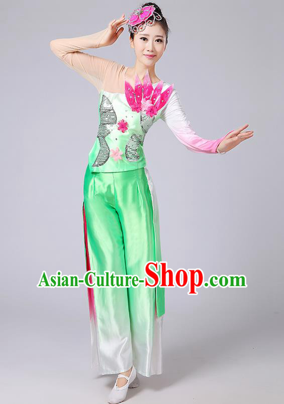 Traditional Chinese Yangge Fan Dancing Costume, Folk Dance Yangko Uniforms, Classic Umbrella Dance Elegant Dress Drum Dance Flowers Green Clothing for Women