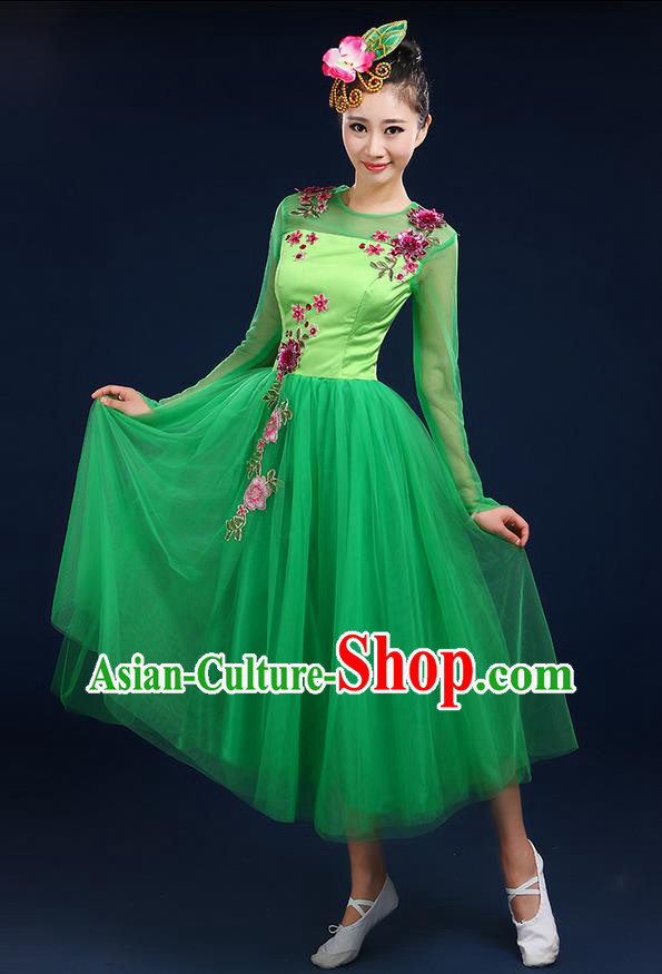 Traditional Chinese Modern Dancing Compere Costume, Women Opening Classic Dance Chorus Singing Group Bubble Uniforms, Modern Dance Classic Dance Big Swing Green Middle Dress for Women