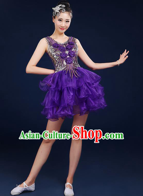 Traditional Chinese Modern Dancing Compere Costume, Women Opening Classic Dance Chorus Singing Group Bubble Uniforms, Modern Dance Classic Dance Short Dress for Women