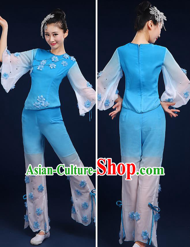 Traditional Chinese Yangge Fan Dancing Costume, Folk Dance Yangko Mandarin Sleeve Jasmine Flower Blouse and Pants Uniforms, Classic Dance Elegant Dress Drum Dance Blue Clothing for Women