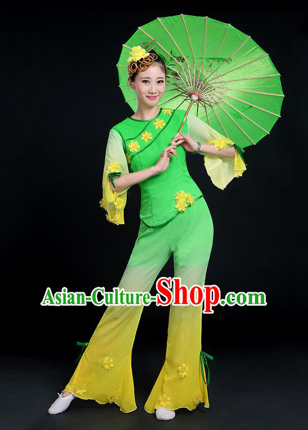 Traditional Chinese Yangge Fan Dancing Costume, Folk Dance Yangko Mandarin Sleeve Jasmine Flower Blouse and Pants Uniforms, Classic Dance Elegant Dress Drum Dance Green Clothing for Women