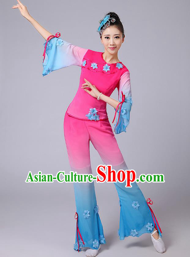 Traditional Chinese Yangge Fan Dancing Costume, Folk Dance Yangko Mandarin Sleeve Jasmine Flower Blouse and Pants Uniforms, Classic Dance Elegant Dress Drum Dance Pink Clothing for Women
