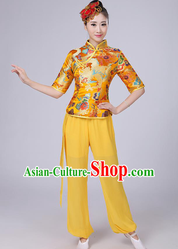 Traditional Chinese Yangge Fan Dancing Costume, Folk Dance Yangko Mandarin Collar Embroidered Dragon Blouse and Pants Uniforms, Classic Dance Elegant Dress Drum Dance Gold Clothing for Women