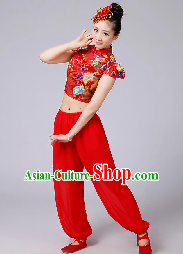 Traditional Chinese Yangge Fan Dancing Costume, Folk Dance Yangko Mandarin Collar Satin Dragon Blouse and Pants Uniforms, Classic Dance Elegant Dress Drum Dance Red Clothing for Women