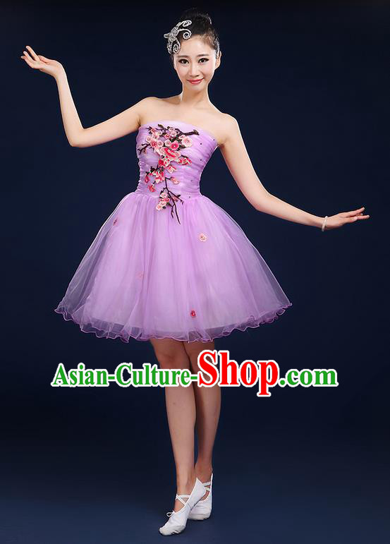 Traditional Chinese Modern Dancing Compere Costume, Women Opening Classic Dance Chorus Singing Group Embroidered Plum Blossom Bubble Uniforms, Modern Dance Classic Dance Big Swing Purple Short Dress for Women