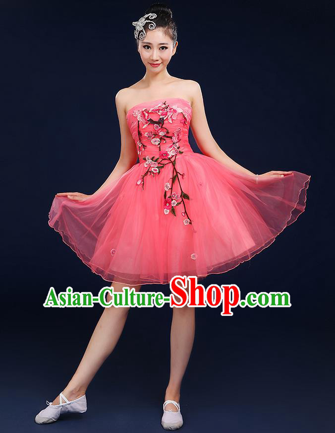 Traditional Chinese Modern Dancing Compere Costume, Women Opening Classic Dance Chorus Singing Group Embroidered Plum Blossom Bubble Uniforms, Modern Dance Classic Dance Big Swing Rose Short Dress for Women
