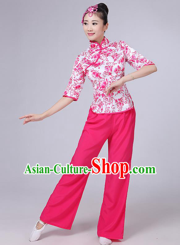 Traditional Chinese Yangge Fan Dancing Costume, Folk Dance Yangko Mandarin Collar Blue and White Porcelain Blouse and Pants Uniforms, Classic Dance Elegant Dress Drum Dance Pink Clothing for Women
