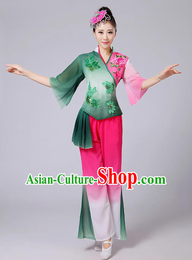 Traditional Chinese Yangge Fan Dancing Costume, Folk Dance Yangko Mandarin Sleeve Blouse and Pants Uniforms, Classic Dance Elegant Dress Drum Dance Pink Clothing for Women