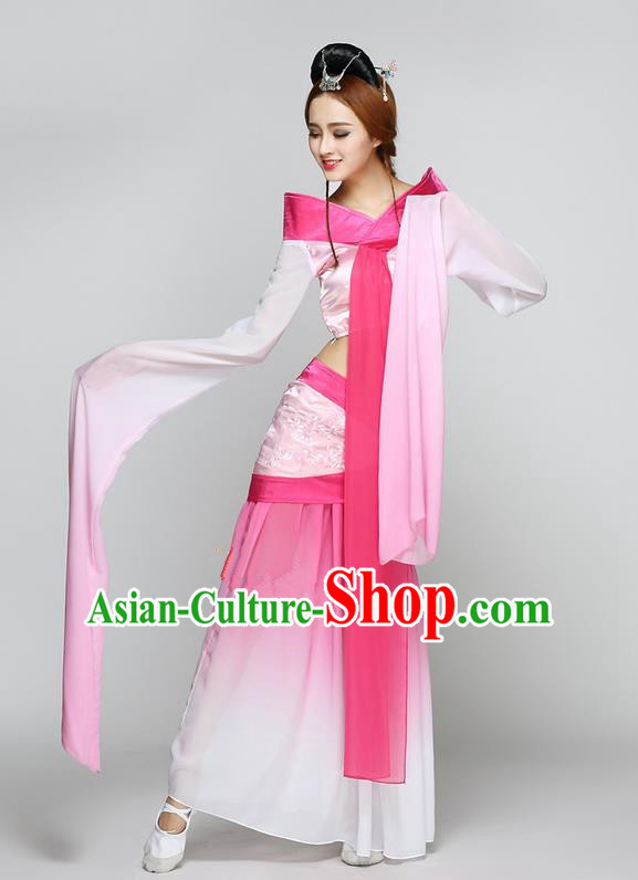 Traditional Chinese Ancient Yangge Fan Dancing Costume, Folk Dance Long Water Sleeve Uniforms, Classic Flying Dance Elegant Fairy Dress Drum Palace Lady Dance Pink Clothing for Women