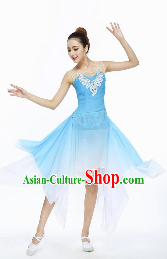 Traditional Modern Dancing Compere Costume, Women Opening Classic Chorus Singing Group Dance Dress, Modern Dance Classic Ballet Dance Blue Paillette Dress for Women