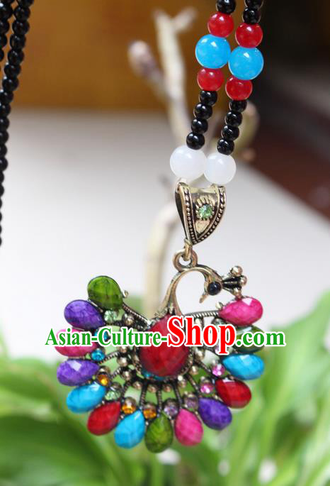 Traditional Chinese Miao Nationality Crafts Jewelry Accessory, Hmong Handmade Palace Peacock Beads Pendant, Miao Ethnic Minority Necklace Accessories Sweater Chain Pendant for Women