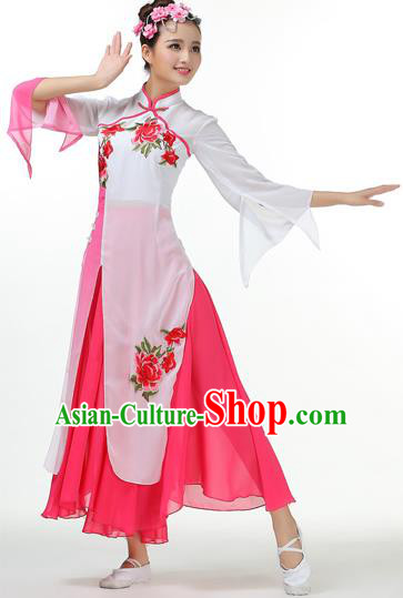 Traditional Chinese Yangge Fan Dancing Costume, Folk Dance Yangko Mandarin Collar Peony Painting Uniforms, Classic Lotus Dance Elegant Big Swing Dress Drum Dance Pink Clothing for Women