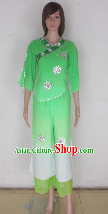 Traditional Chinese Yangge Fan Dancing Costume, Folk Dance Yangko Blouse and Pants Uniforms, Classic Lotus Dance Elegant Dress Drum Dance Green Clothing for Women