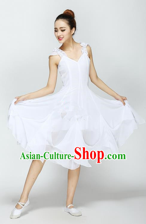 Traditional Chinese Yangge Fan Dancing Costume, Folk Dance Yangko Uniforms, Classic Modern Dance Big Swing White Dress Elegant Drum Dance Clothing for Women