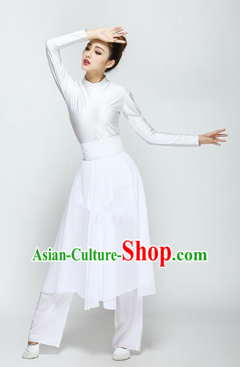 Traditional Chinese Yangge Fan Dancing Costume, Folk Dance Yangko Uniforms, Classic Modern Umbrella Dance Big Swing White Dress Elegant Drum Dance Clothing for Women