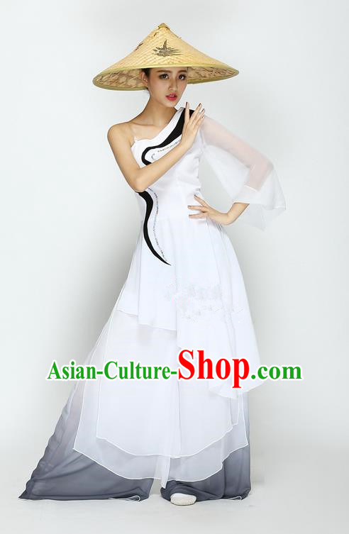 Traditional Chinese Classical Bamboo Hat Dancing Costume, Folk Dance Uniforms, Classic Straw Hat Dance Dress Elegant Drum Dance Clothing for Women