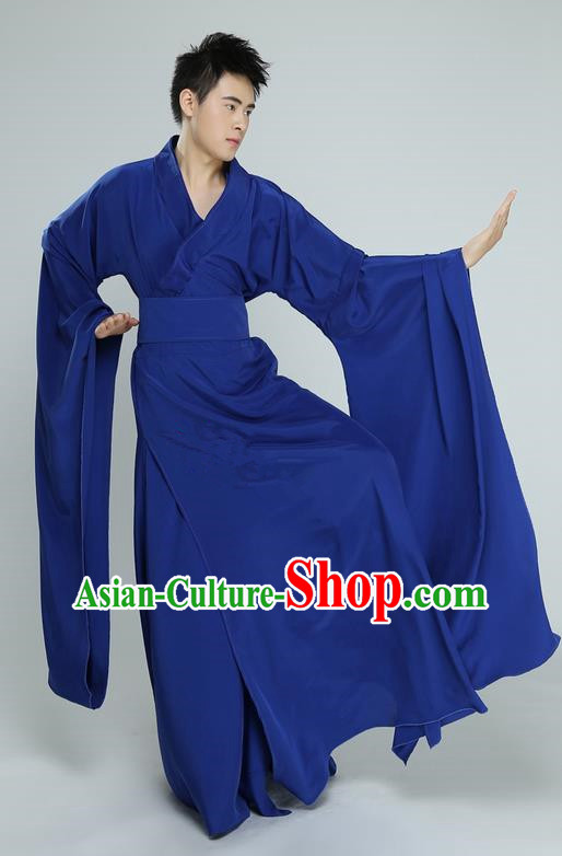 Traditional Chinese Ancient Wide Sleeve Costume, Folk Dance Drun Dance Kung fu Performance Blue Dress Uniforms, Classic Dance Martial Art Elegant Clothing for Men