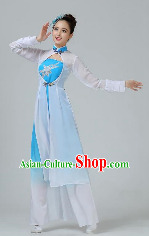 Traditional Chinese Yangge Fan Dancing Costume, Folk Dance Yangko Mandarin Sleeve Dress and Pants Paillette Uniforms, Classic Umbrella Lotus Dance Elegant Dress Drum Dance Blue Clothing for Women